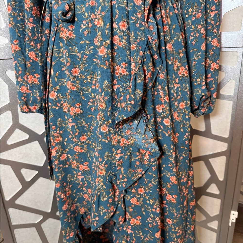 Elegant Floral Wrap Dress - Blue and Orange - Picture 4 of 10